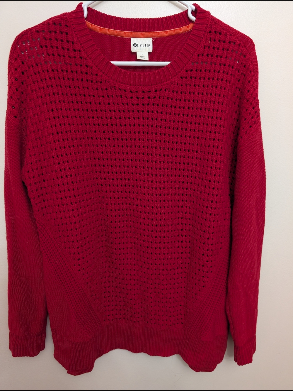 STYLUS Red Open-Knit Crewneck Sweater Size Large